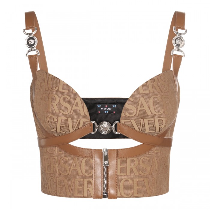 BROWN COTTON AND LEATHER TOP