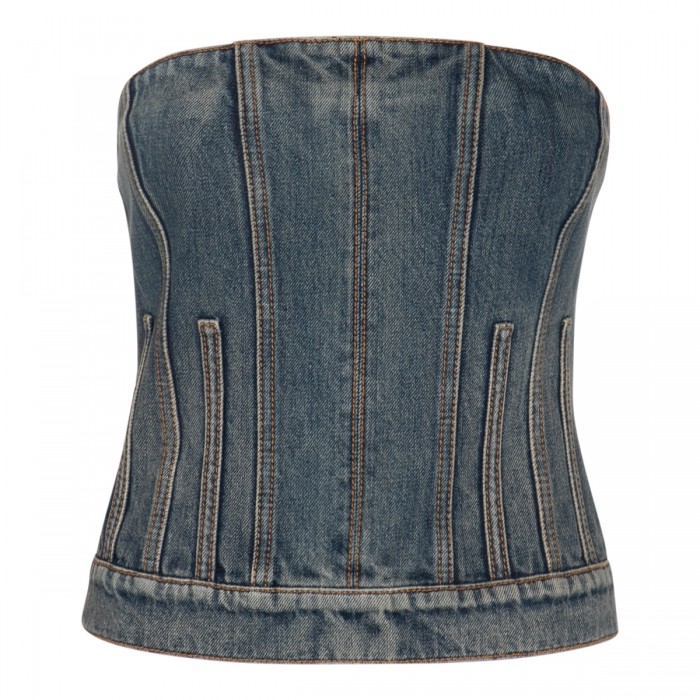 BLUE DISTRESSED DENIM BUSTIER 