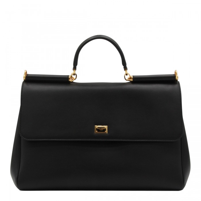 BLACK LEATHER TOP HANDLE BAG