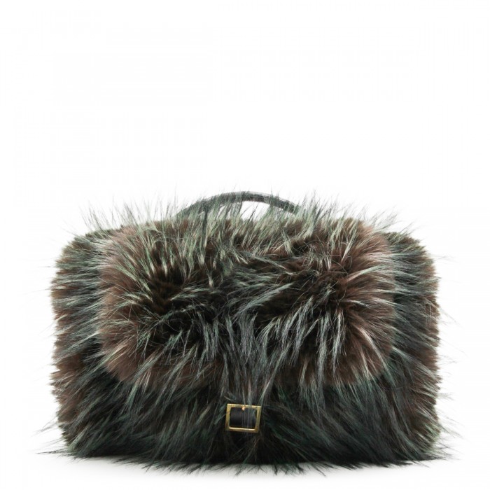 GREEN AND BROWN FAUX FUR BAG