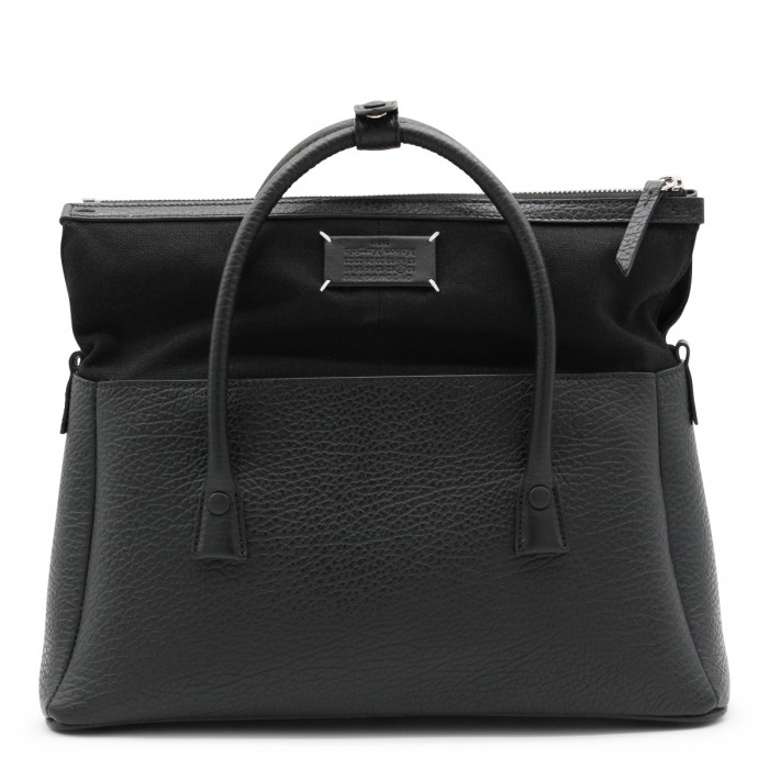 BLACK LEATHER TOP HANDLE BAG