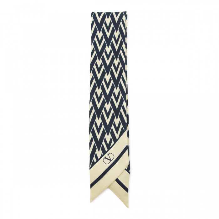 IVORY AND BLUE NAVY SILK SCARF