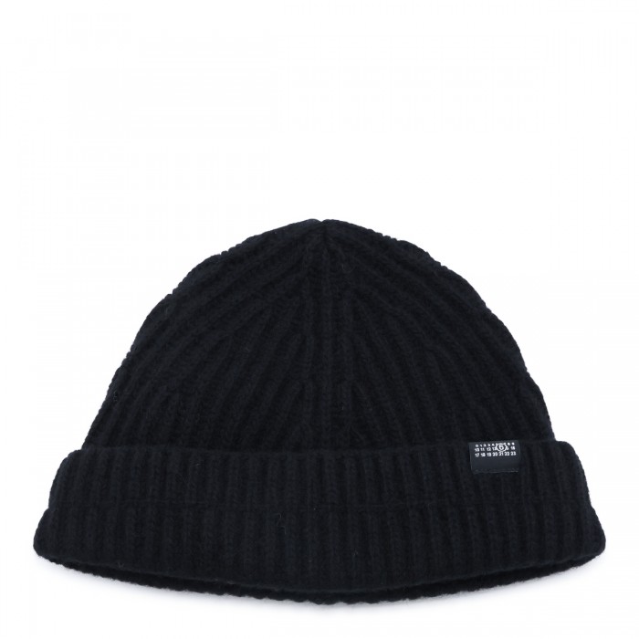 BLACK WOOL BLEND RIBBED BEANIE