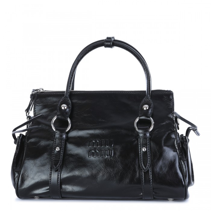 BLACK LEATHER TOP HANDLE BAG