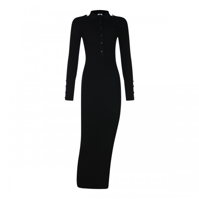BLACK RIB KNIT POLO LONG DRESS