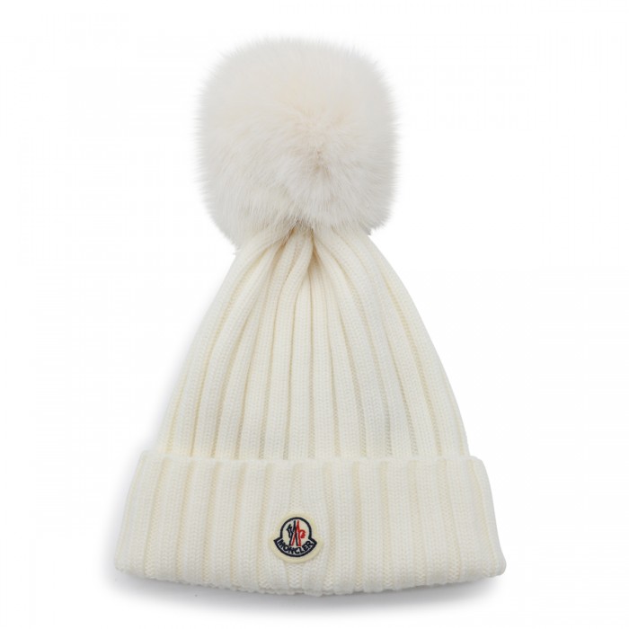 WHITE WOOL POM POM BEANIE
