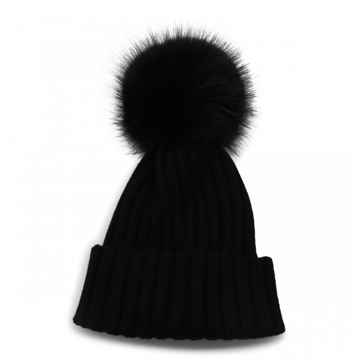 BLACK WOOL POM POM BEANIE 2